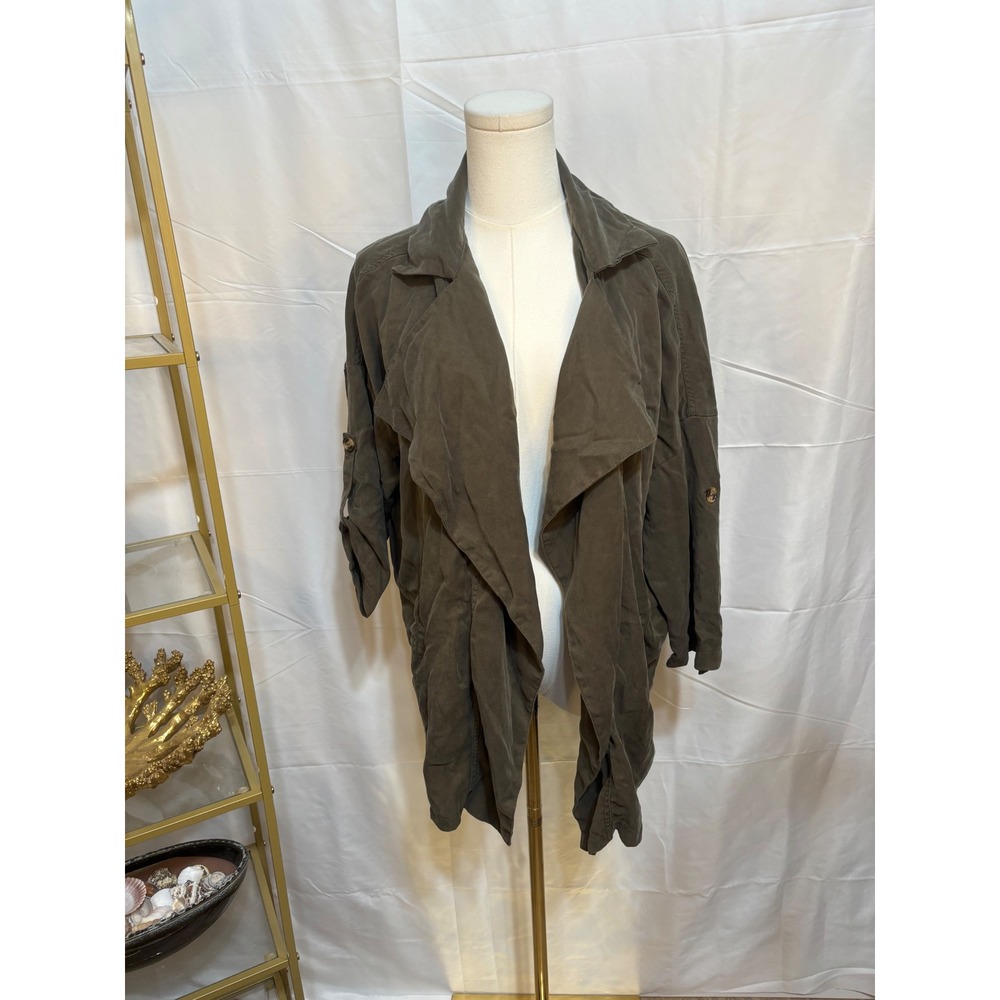 Lulus Olive Green Roll Tab Sleeve Open Front Drape Trench Jacket XS